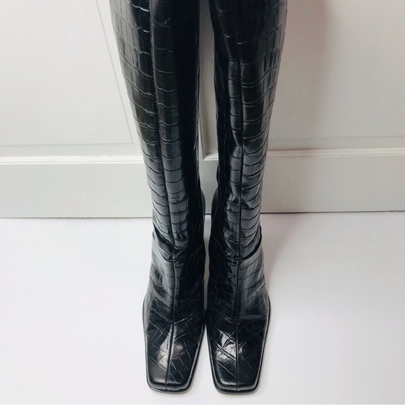 COUP D’ETAT Black Crock Print Leather High Heel Boots Size 9.5B - Picture 5 of 11